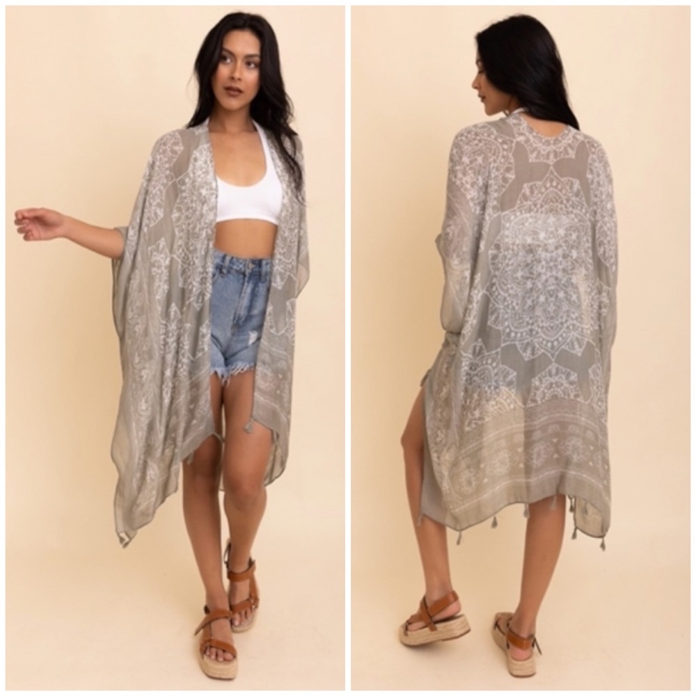 Olive Gray Mandala Printed Tassel Open Kimono Coverup Casual Wrap One Size